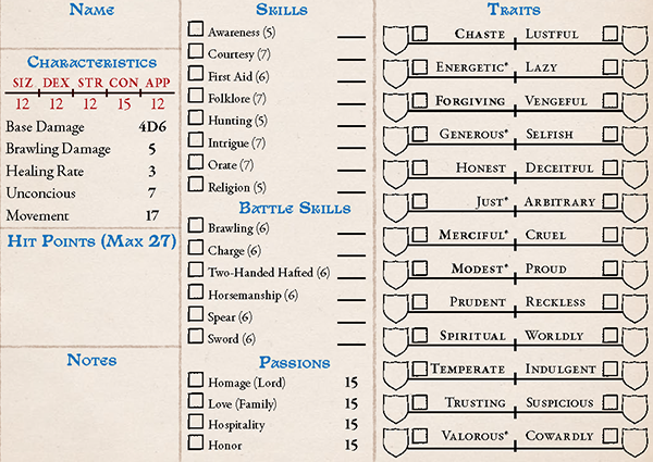 Pendragon Starter Set Solo Character Sheet